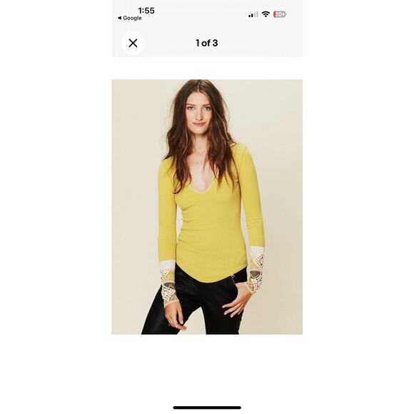 Free People L Kombucha Cuff Yellow Embroidered Boho Waffle Thermal Top FLAW - Picture 11 of 11
